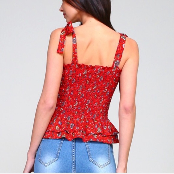 ALICE red floral smocked top tie shoulders - Picture 6 of 8